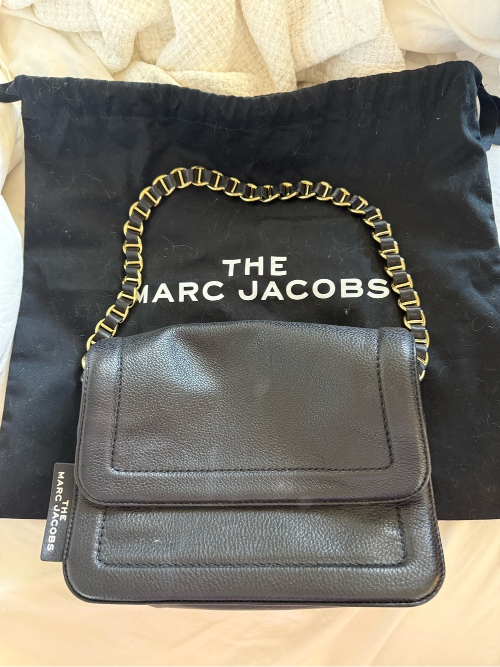 Marc Jacobs Black Pebbled Leather Shoulder Bag with Gold Chain
